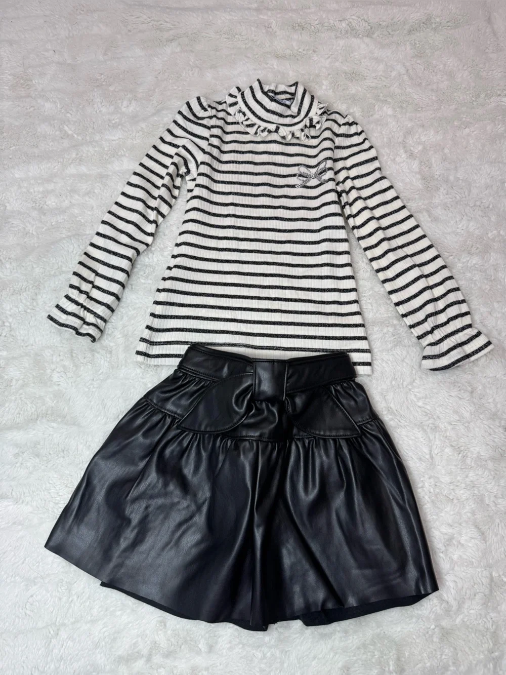 Girls Black & White Stripe Ruffle Mock Neck With Skirt